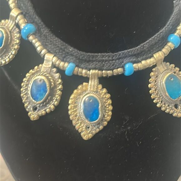 Antique INDIA Tribal Brass and Colored Glass Dangle Necklace - Picture 2 of 4